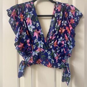 IKY & ME Floral Ruffle Sleeve Faux Wrap Deep V-Neck Top Size Small
